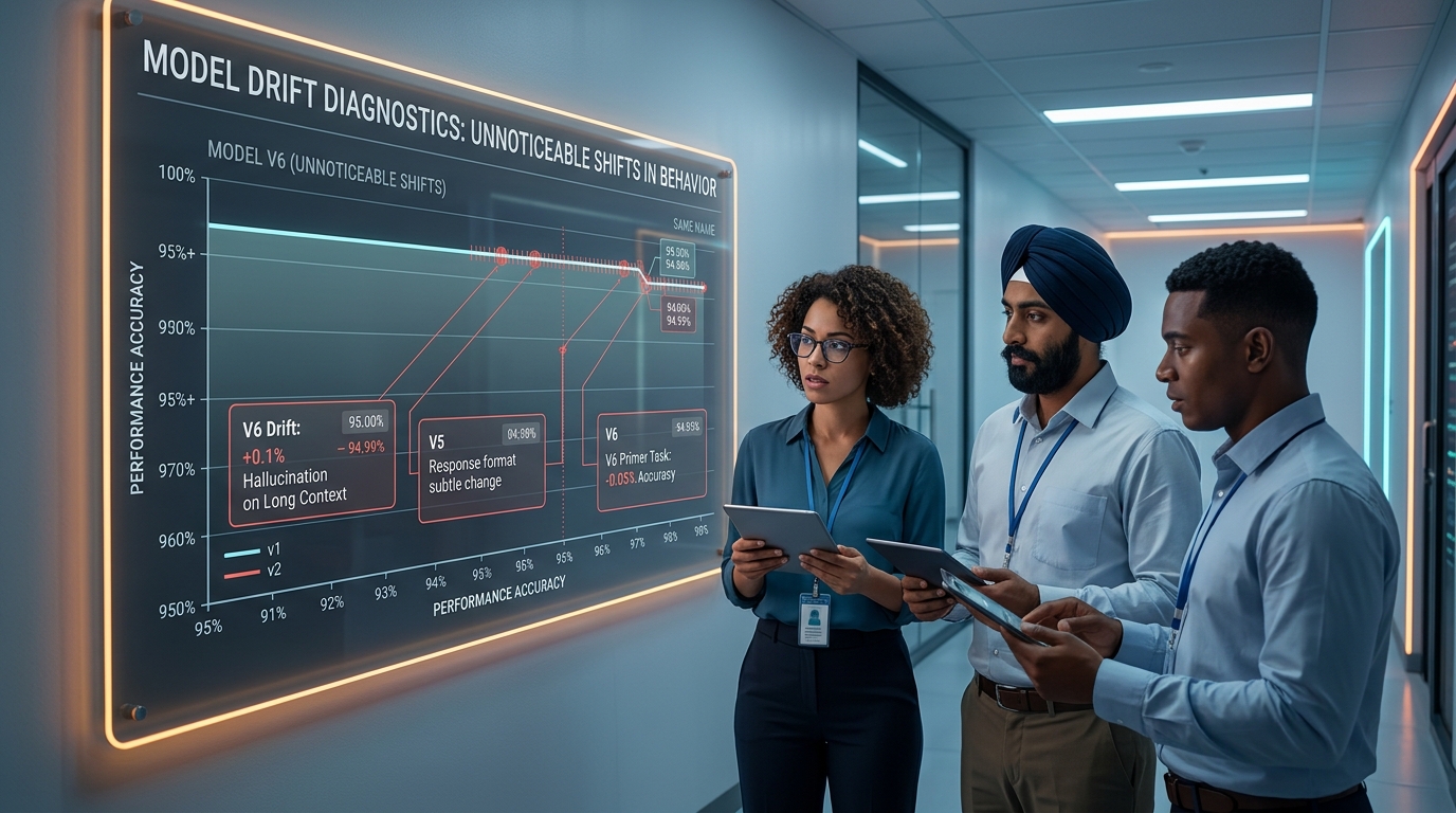 Three analysts reviewing a wall display titled 'Model Drift Diagnostics: Unnoticeable Shifts in Behavior', showing a performance-accuracy chart with a silent drop between model versions