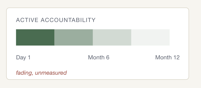 Active accountability fading from Day 1 to Month 12, unmeasured